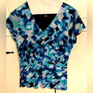 Style & Co Petite/Large stretchy v-neck ruffled blue multi colored top.